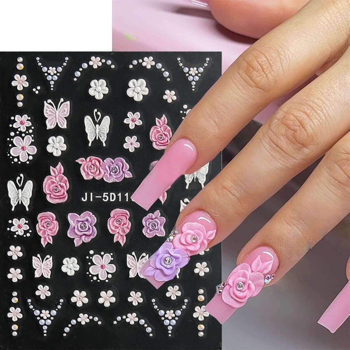 3 Sheets of Vibrant 5D Embossed Floral Nail Art Stickers - Reusable, Self-Adhesive, and Durable with Pink, Purple, and White Chain Butterfly and Spring Flower Designs - Perfect for Nail Decoration, DIY Projects, and Fashionab